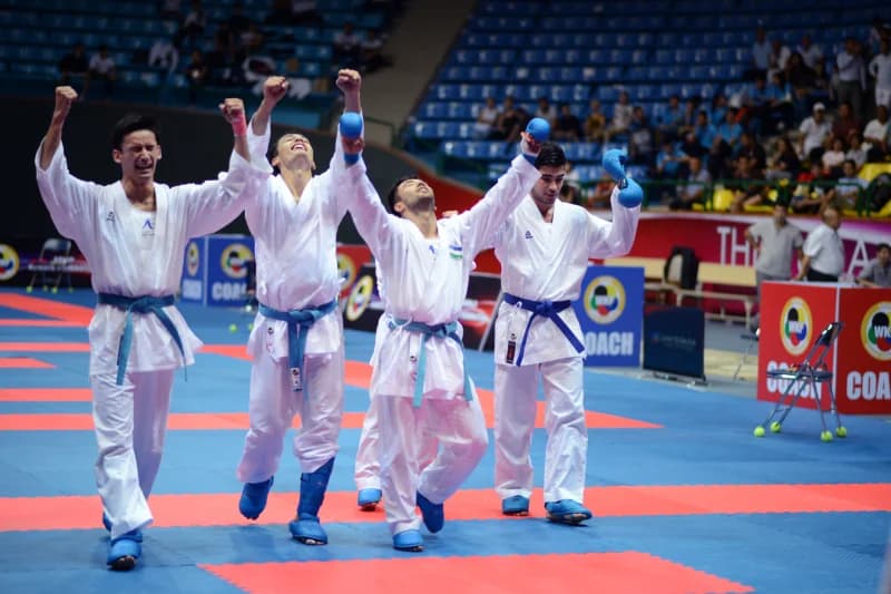 Спортсмены-каратэ празднуют победу на ковре