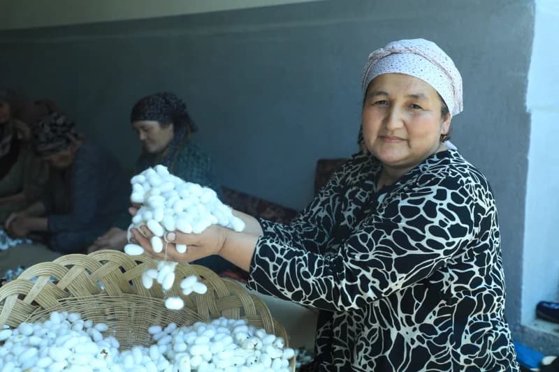 Woman holding silkworm cocoons