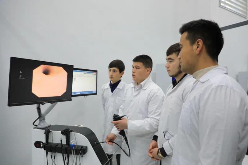 Medical students training with endoscopic equipment