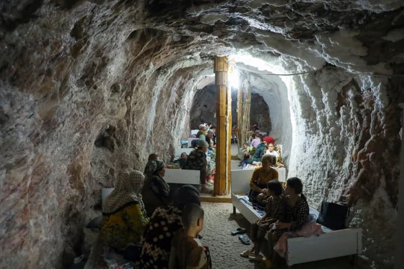 Patients resting in salt cave clinic