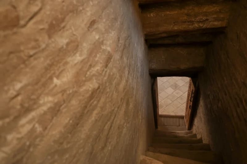 Stone stairs lead toward light