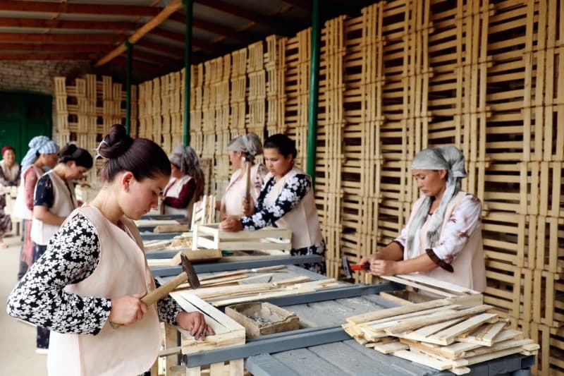 Women assembling wooden fruit crates