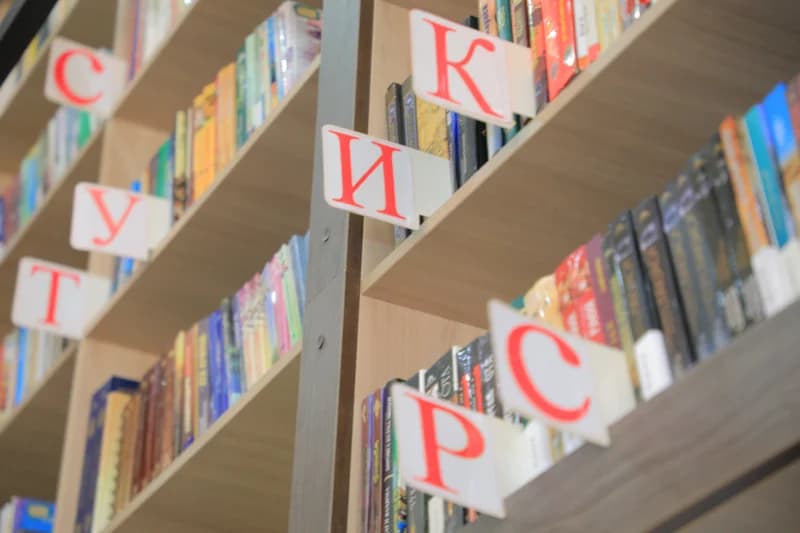 Книги, расставленные на полках библиотеки