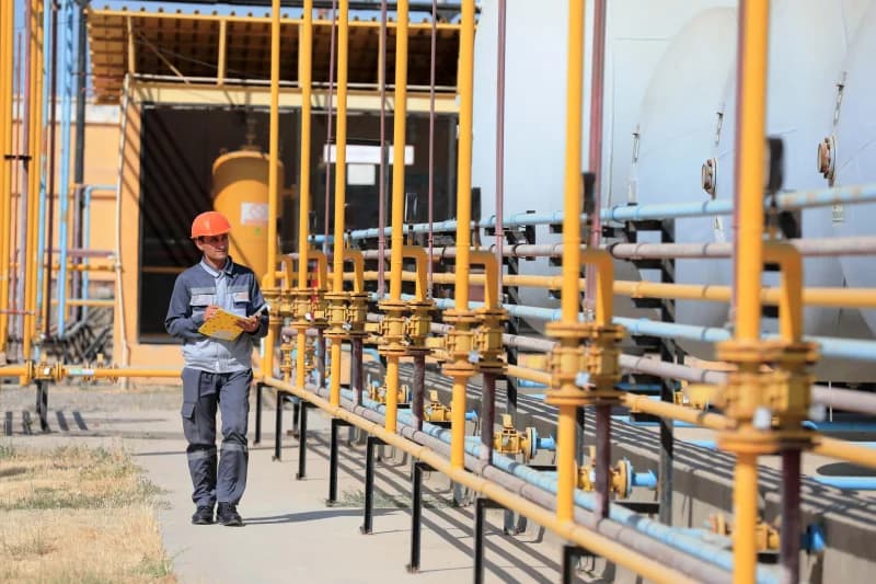 Worker inspecting industrial gas facility