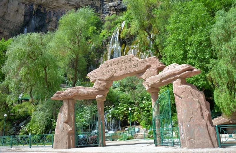 Water flows at Sangardak waterfall