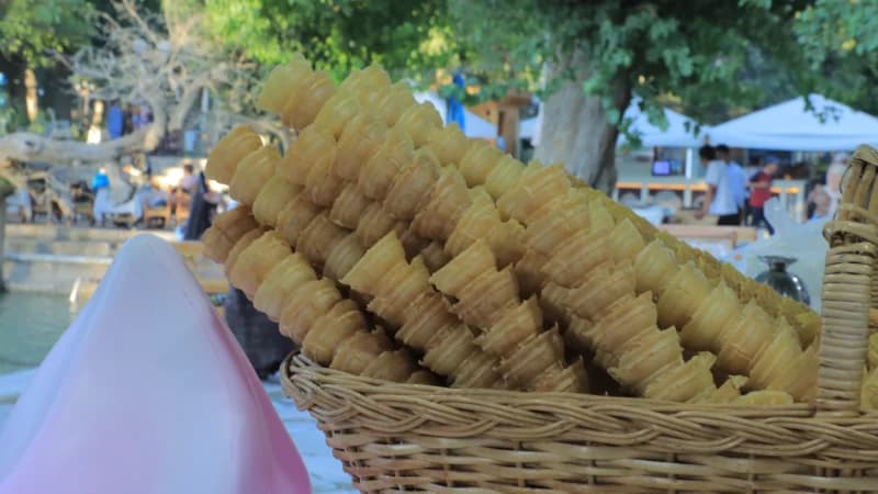 Wicker basket holds ice cream cones