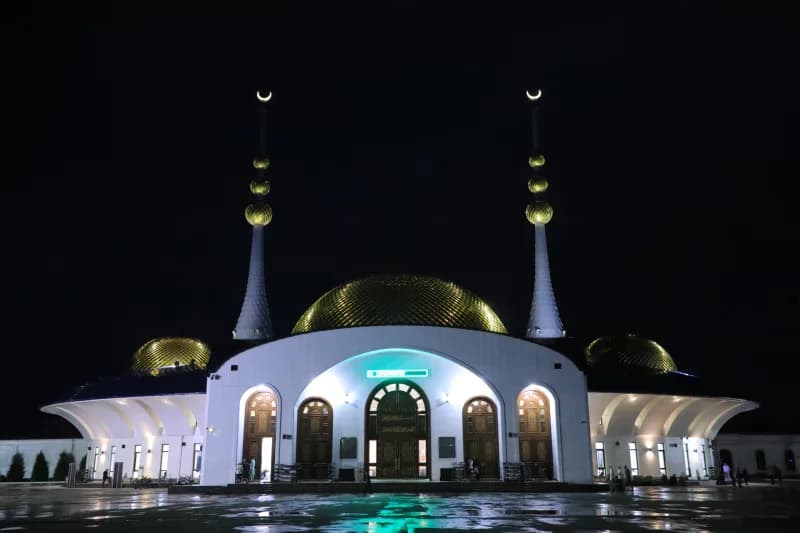 Illuminated mosque stands at night
