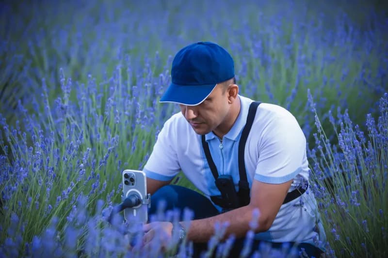 man filming lavender field content