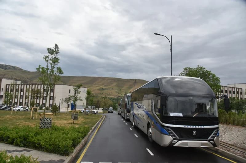 Туристические автобусы, припаркованные у дороги