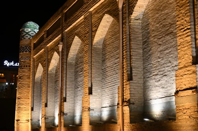 Illuminated brick architecture at night