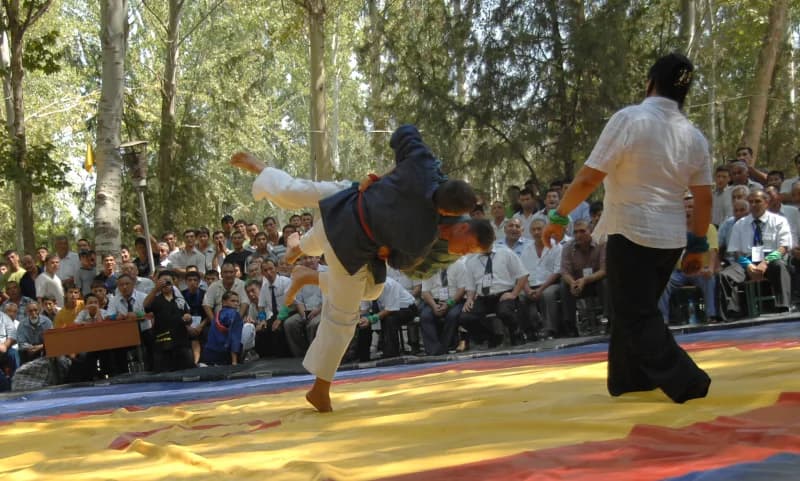 Competitors grapple during an outdoor wrestling match