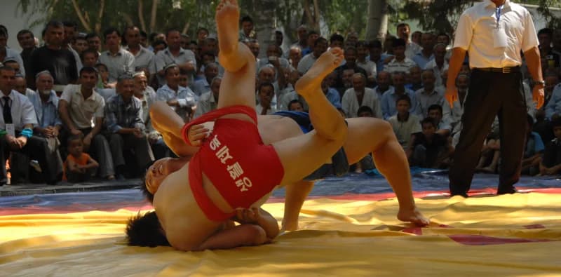 Wrestlers competing on a mat