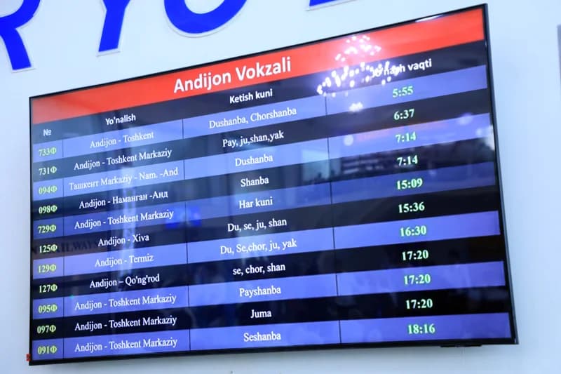 Electronic schedule board displays train departures at a railway station