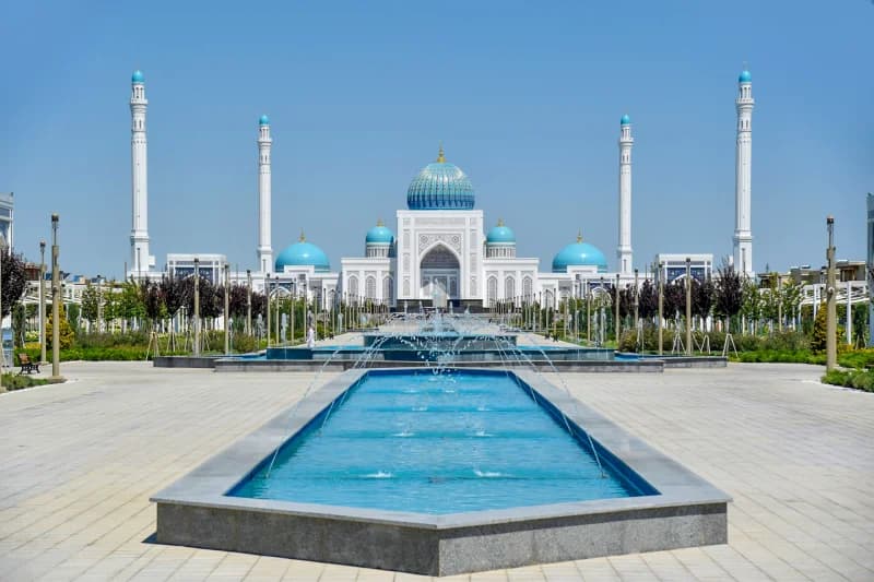 Grand mosque exterior with fountains and minarets