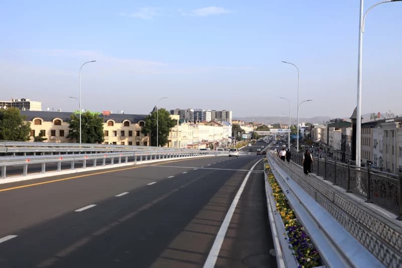 Elevated multi-lane urban road and walkway with vehicular and pedestrian traffic