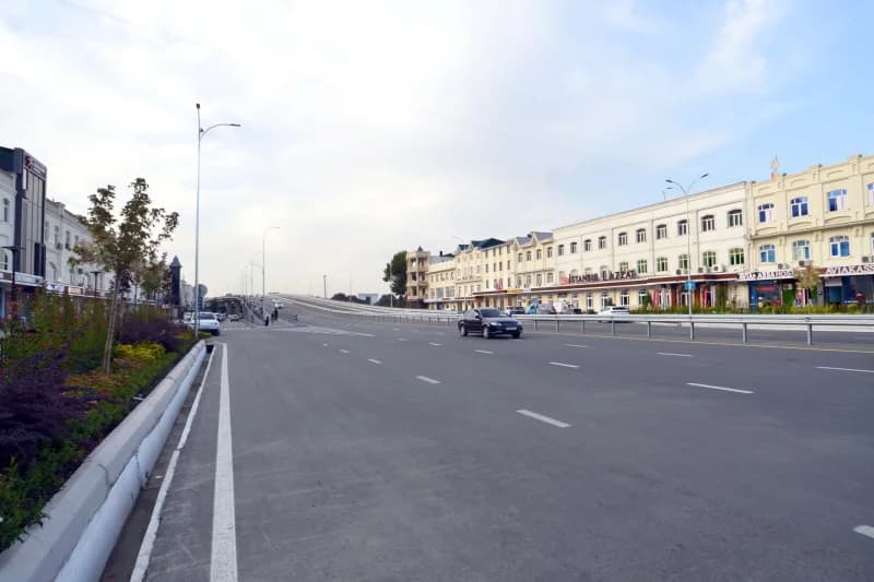 Urban multi-lane roadway and buildings
