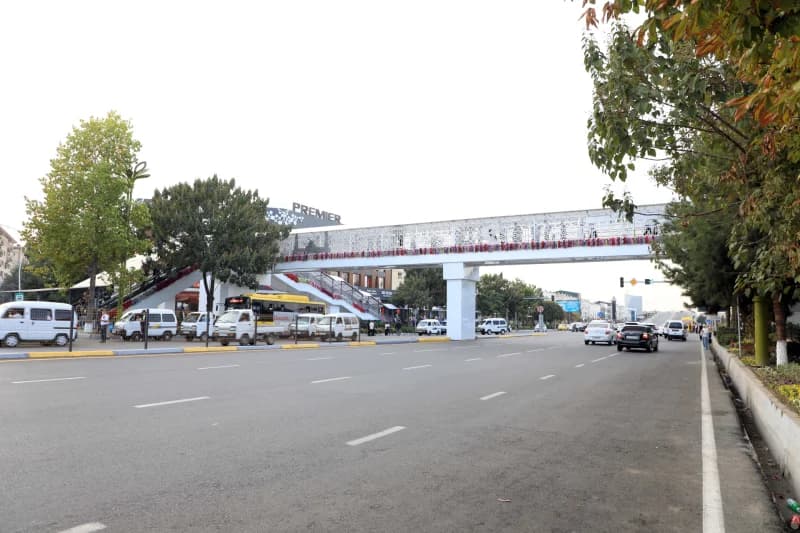Urban road with an elevated pedestrian crossing and traffic