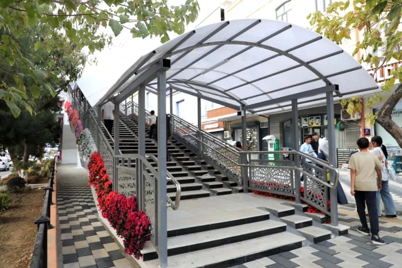 Pedestrian overpass with a covered staircase on a city street
