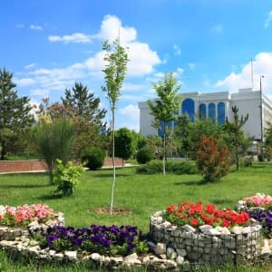 Зеленый парк окружает современное здание