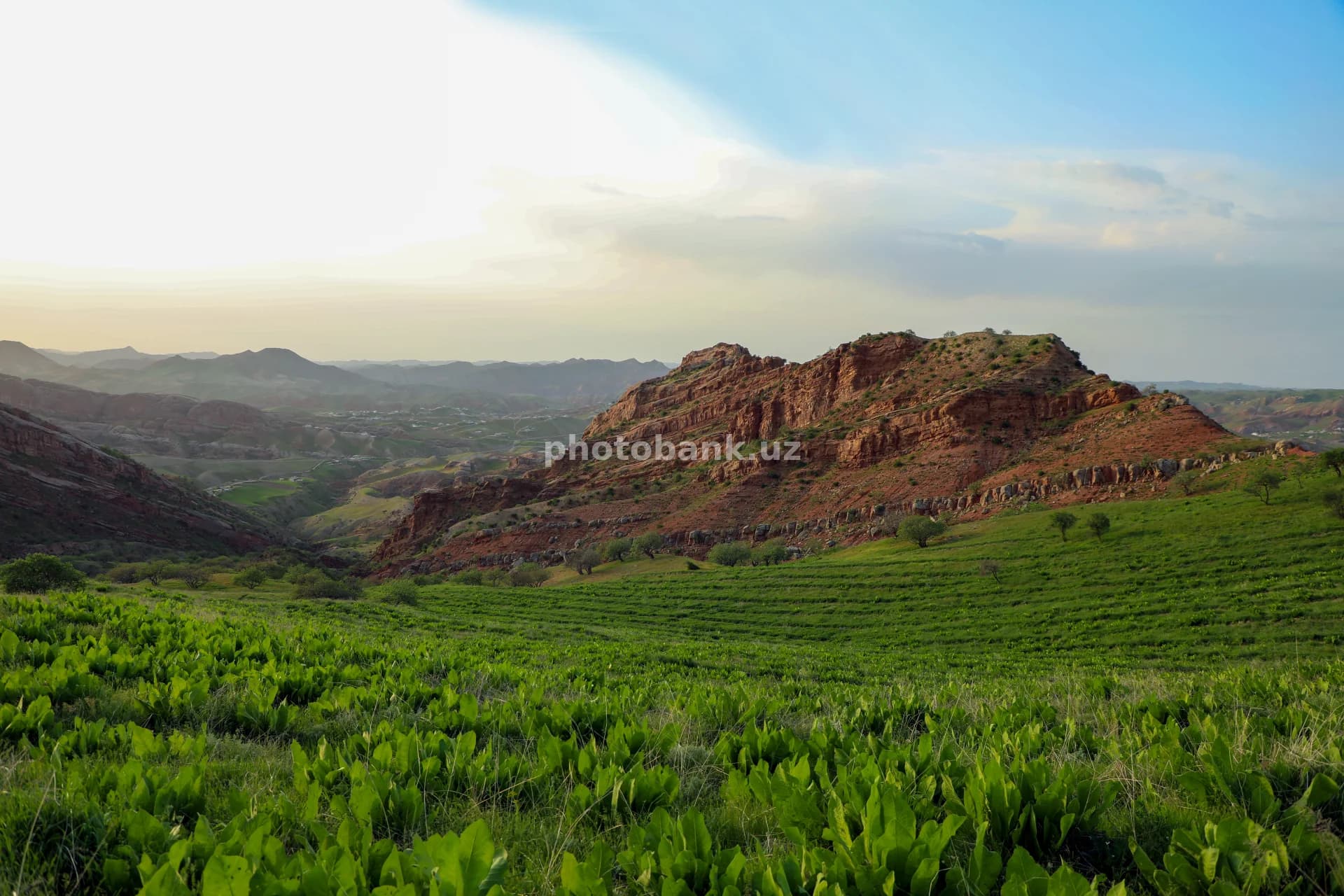 Green hills and red rock mountains