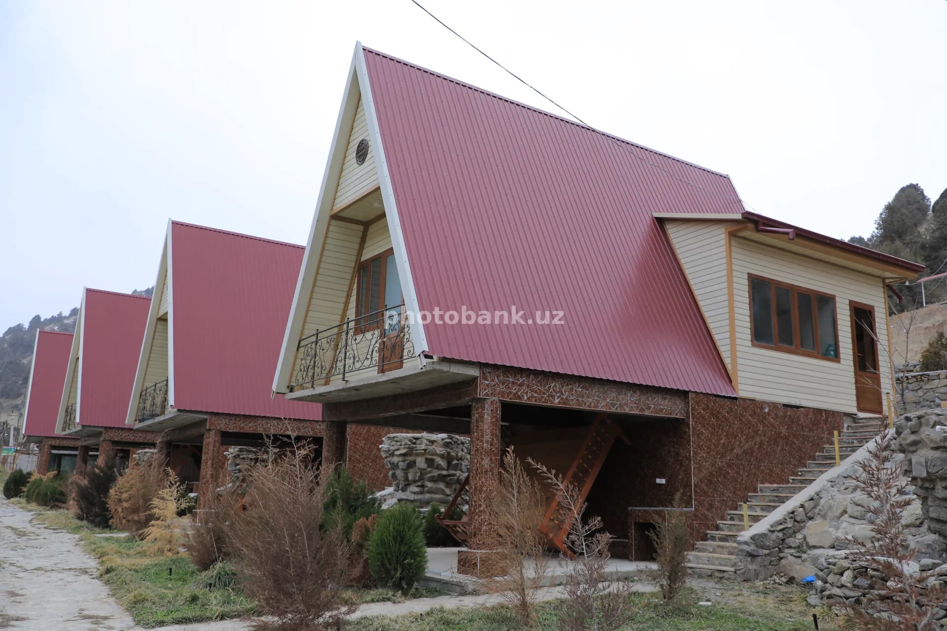 Modern A-frame cottages in mountain resort