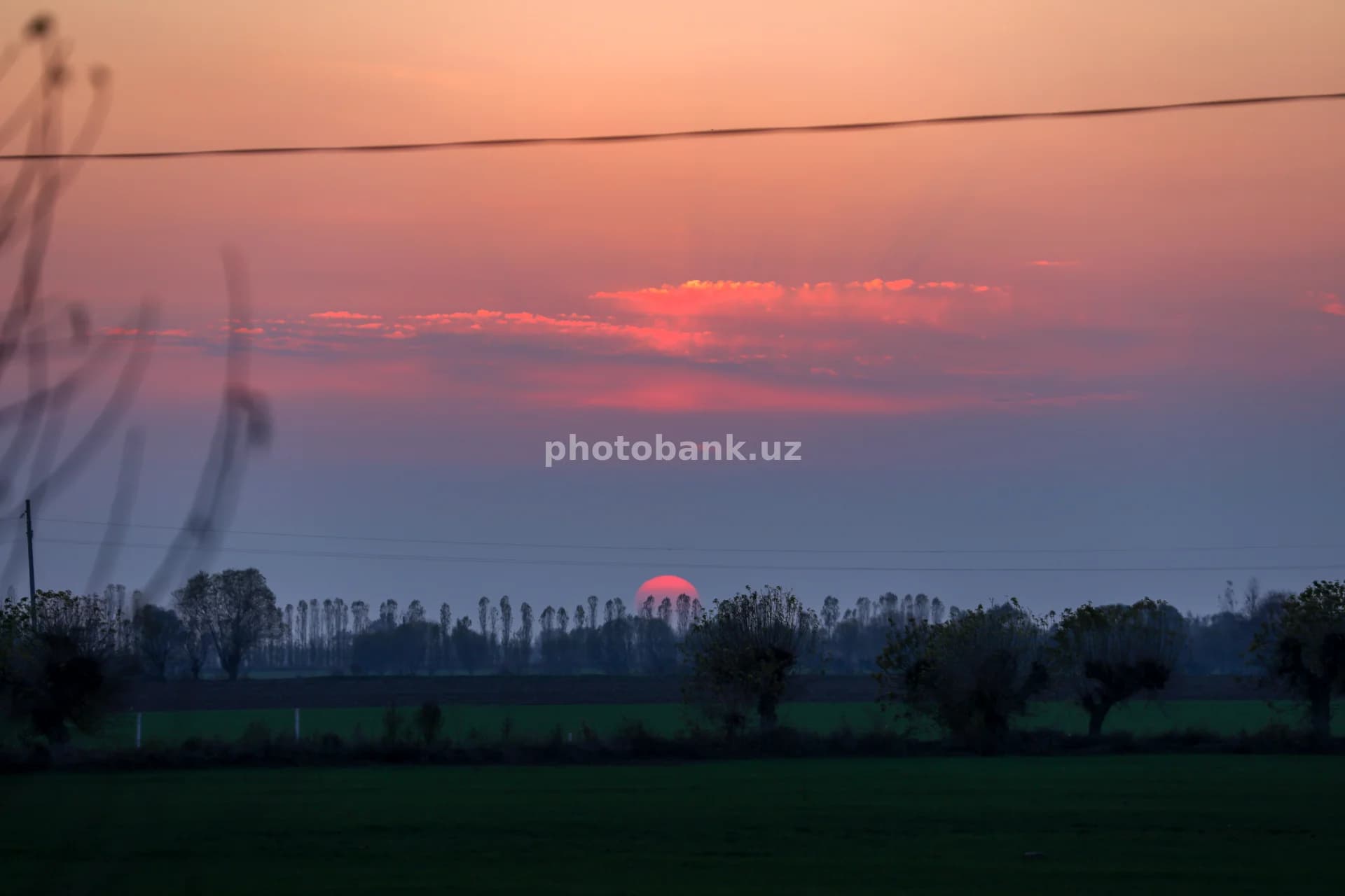 Red sunset over rural landscape