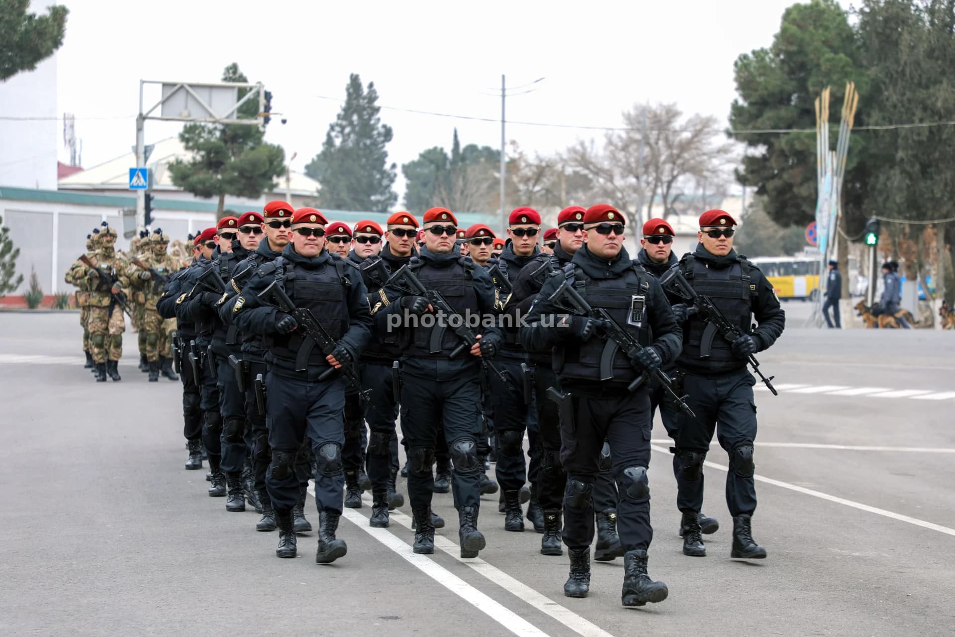 Special forces march along road