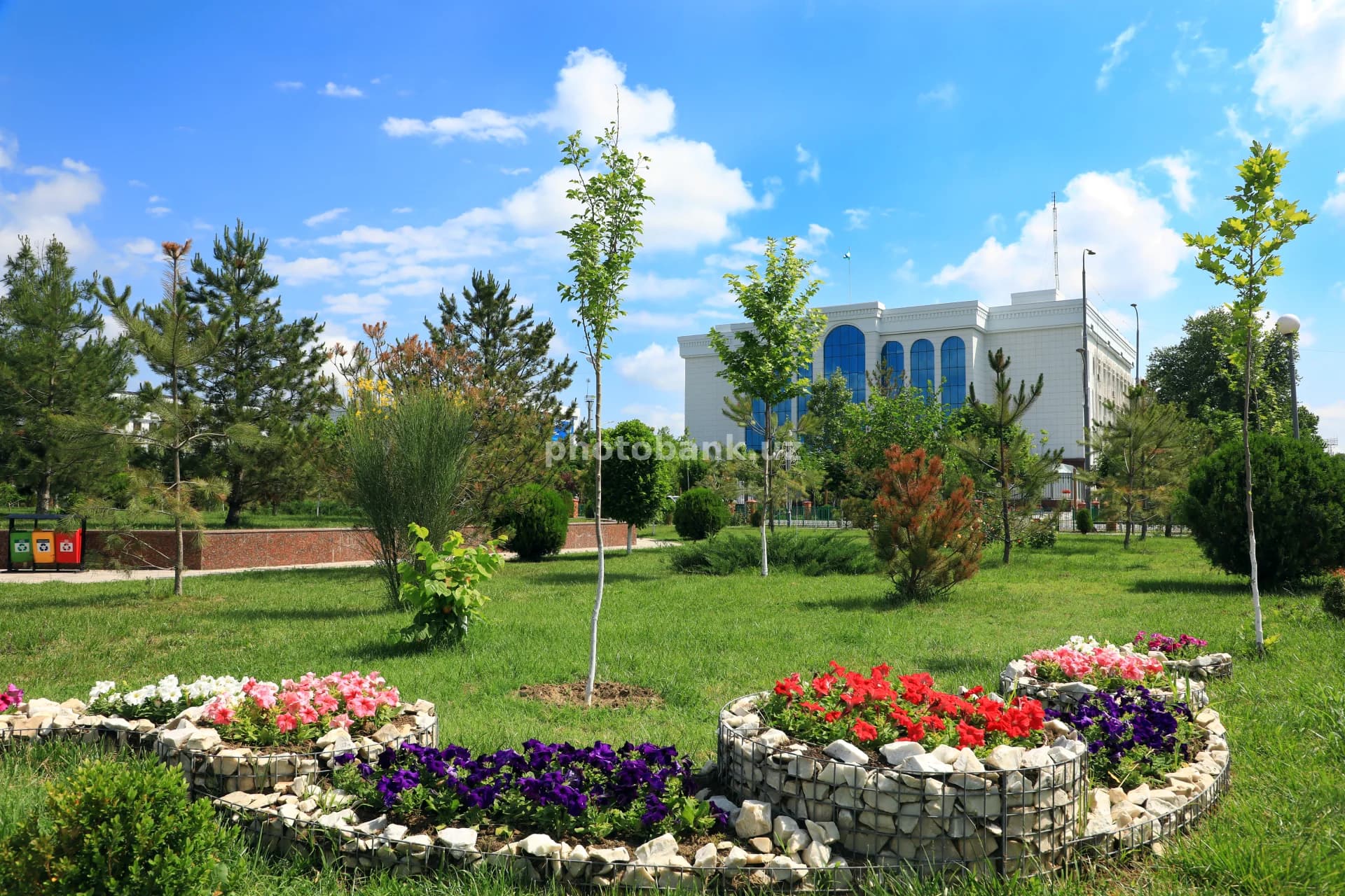 Zamonaviy binoni oʻrab turgan yashil bogʻ