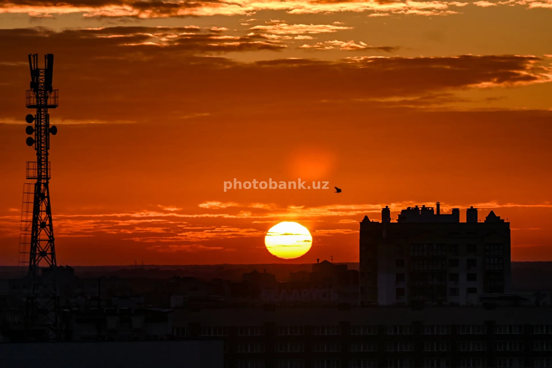 Sun sets over urban city skyline