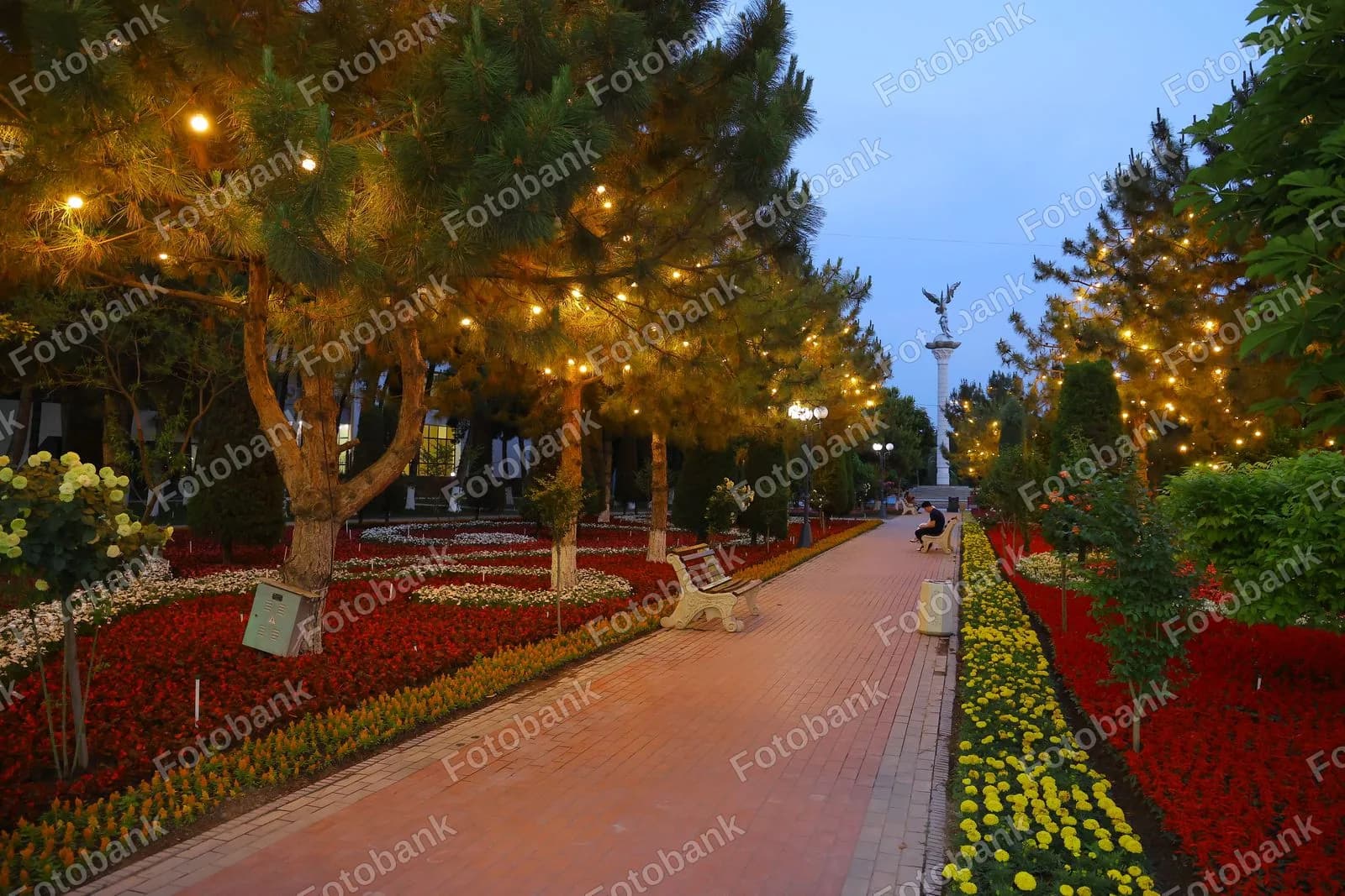 odamlar yoritilgan parkda dam olishadi