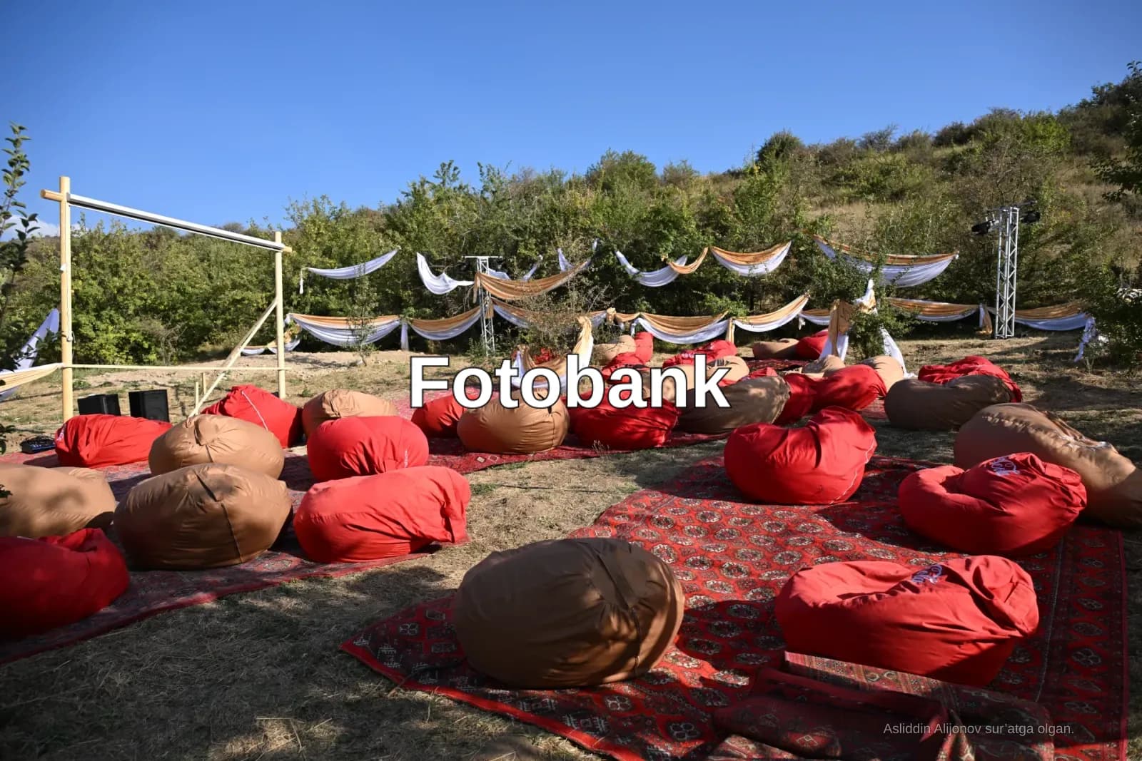 Tashqi joyni loviya qopli stullar va dekorativ pardalar bilan jihozlash