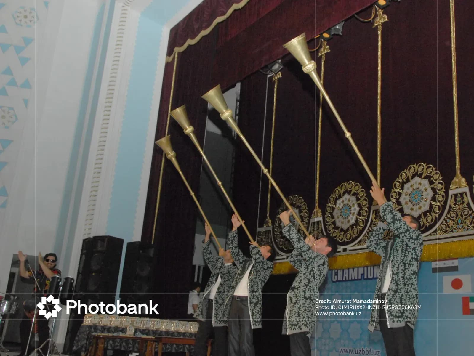 performers playing long horns on stage