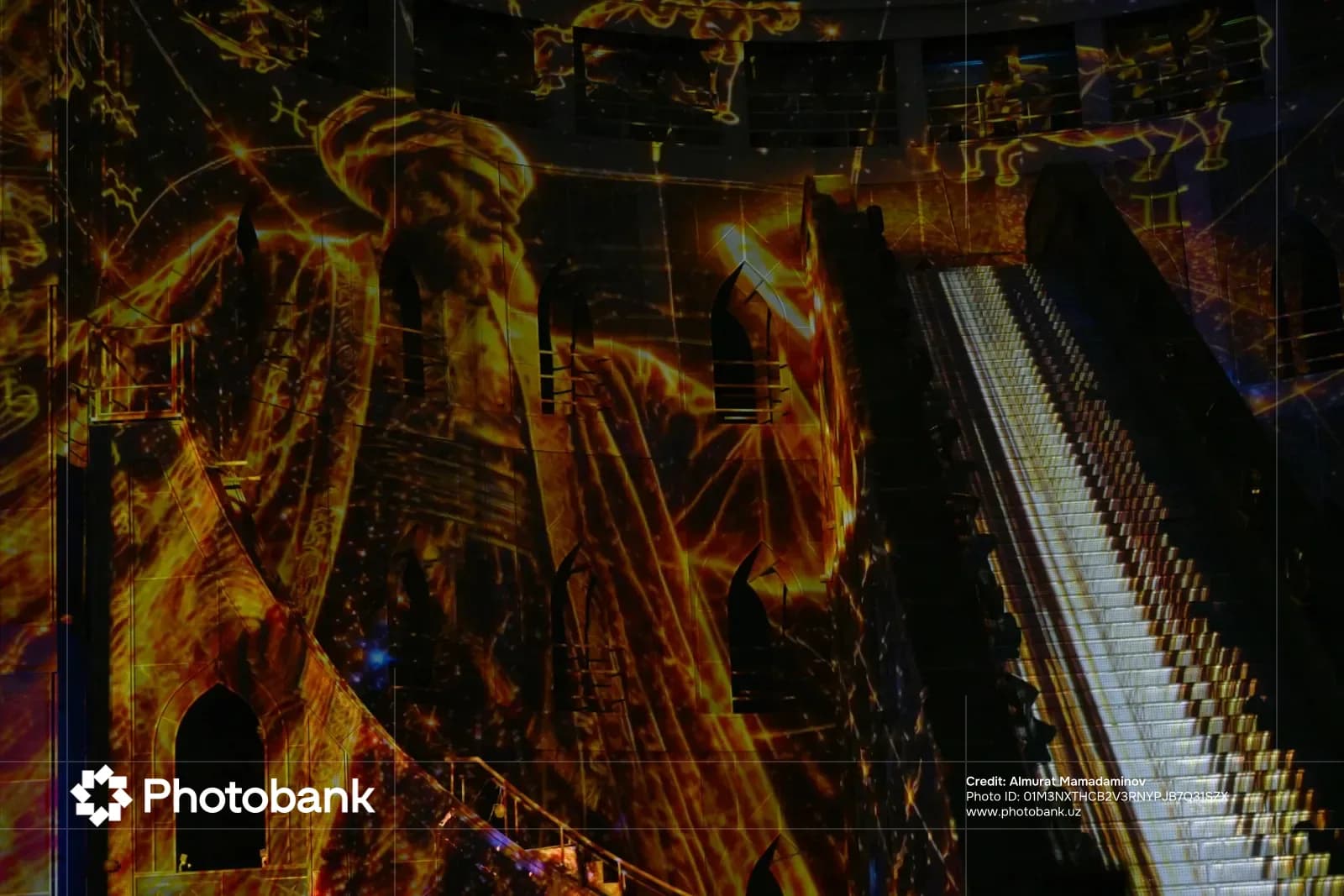 Illuminated projection map on interior stairs and architectural structures