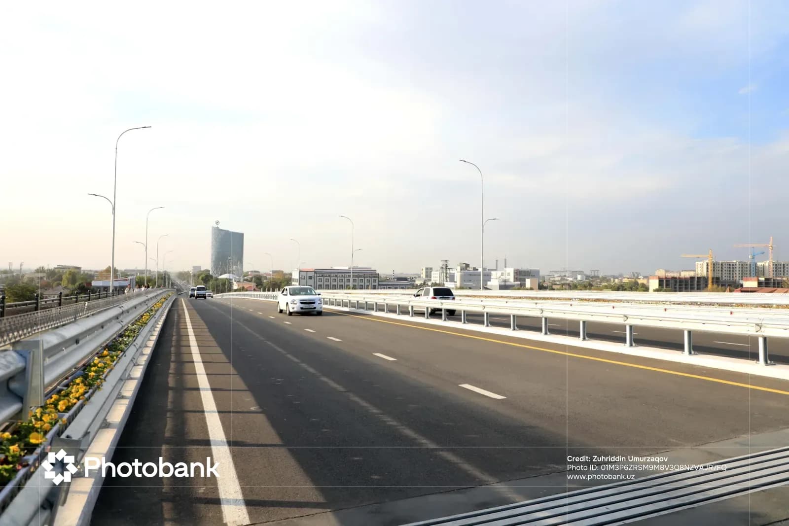 Cars drive on a multi-lane overpass with safety barriers