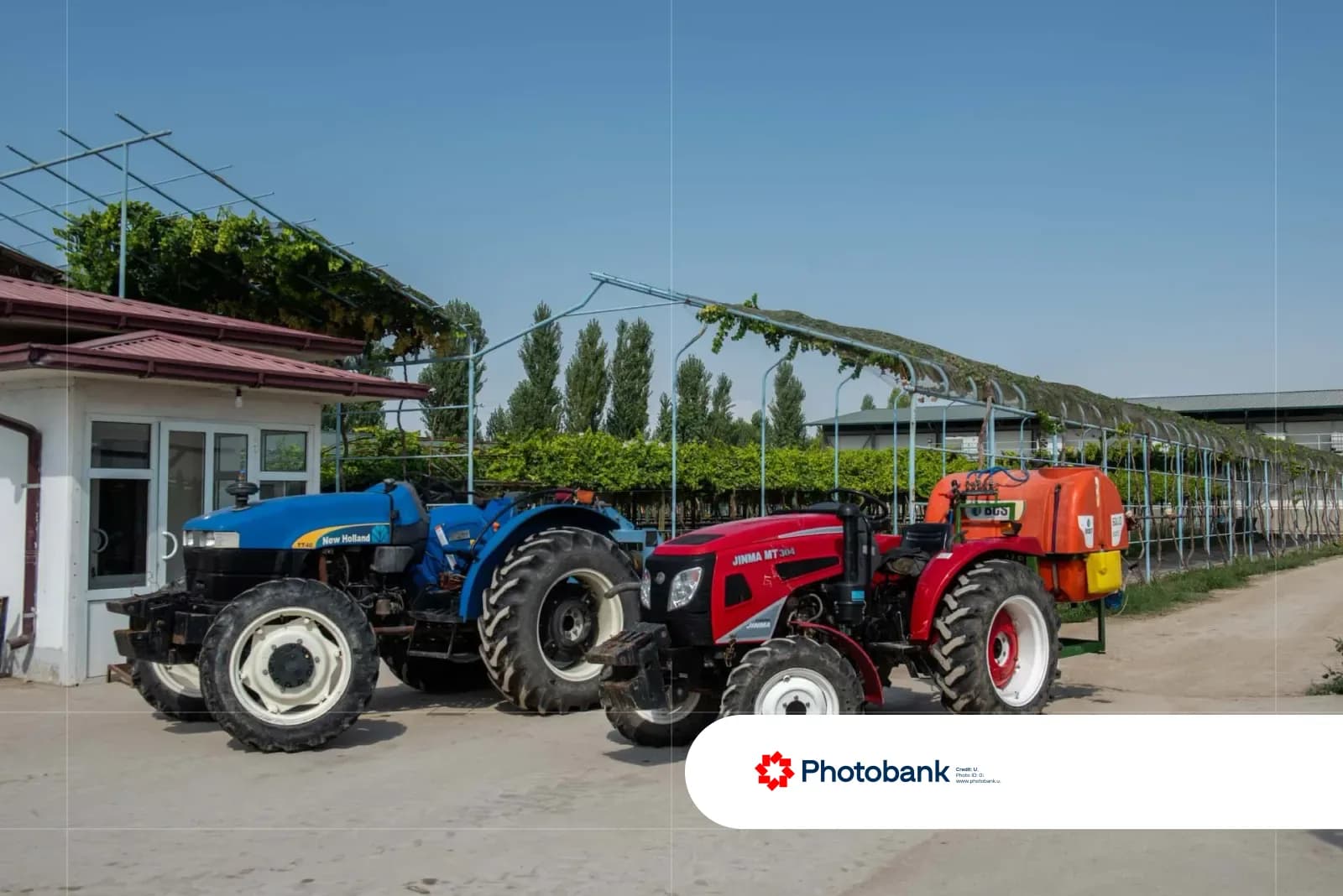 Agricultural tractors parked outdoors