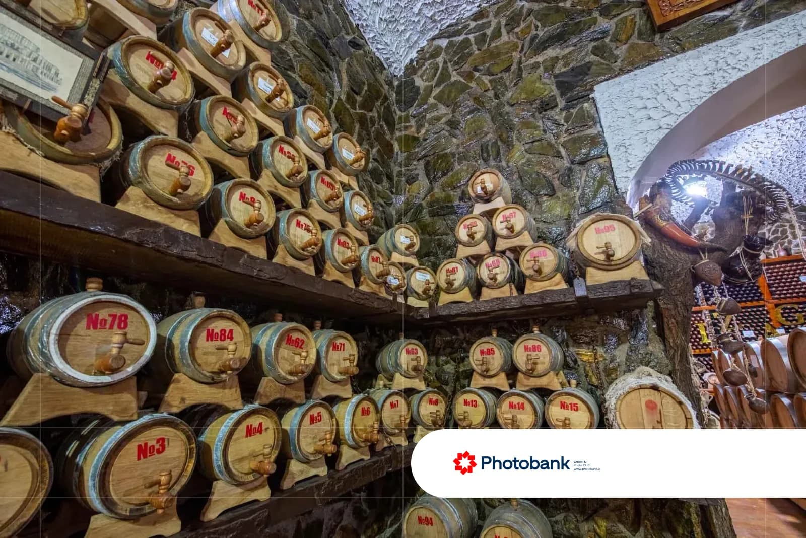 Wooden barrels arranged on shelves in a cellar