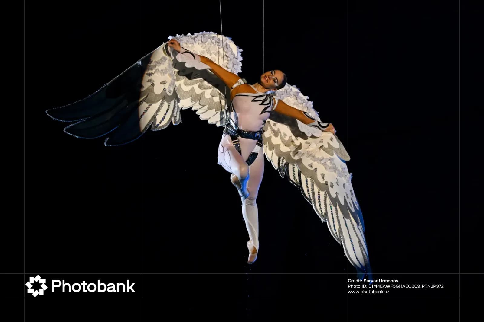 Performer suspended in mid-air wearing large white decorative wings