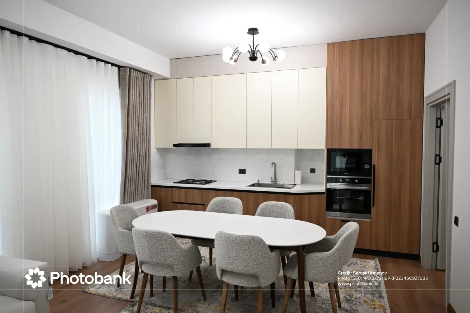 Modern kitchen interior with dining table