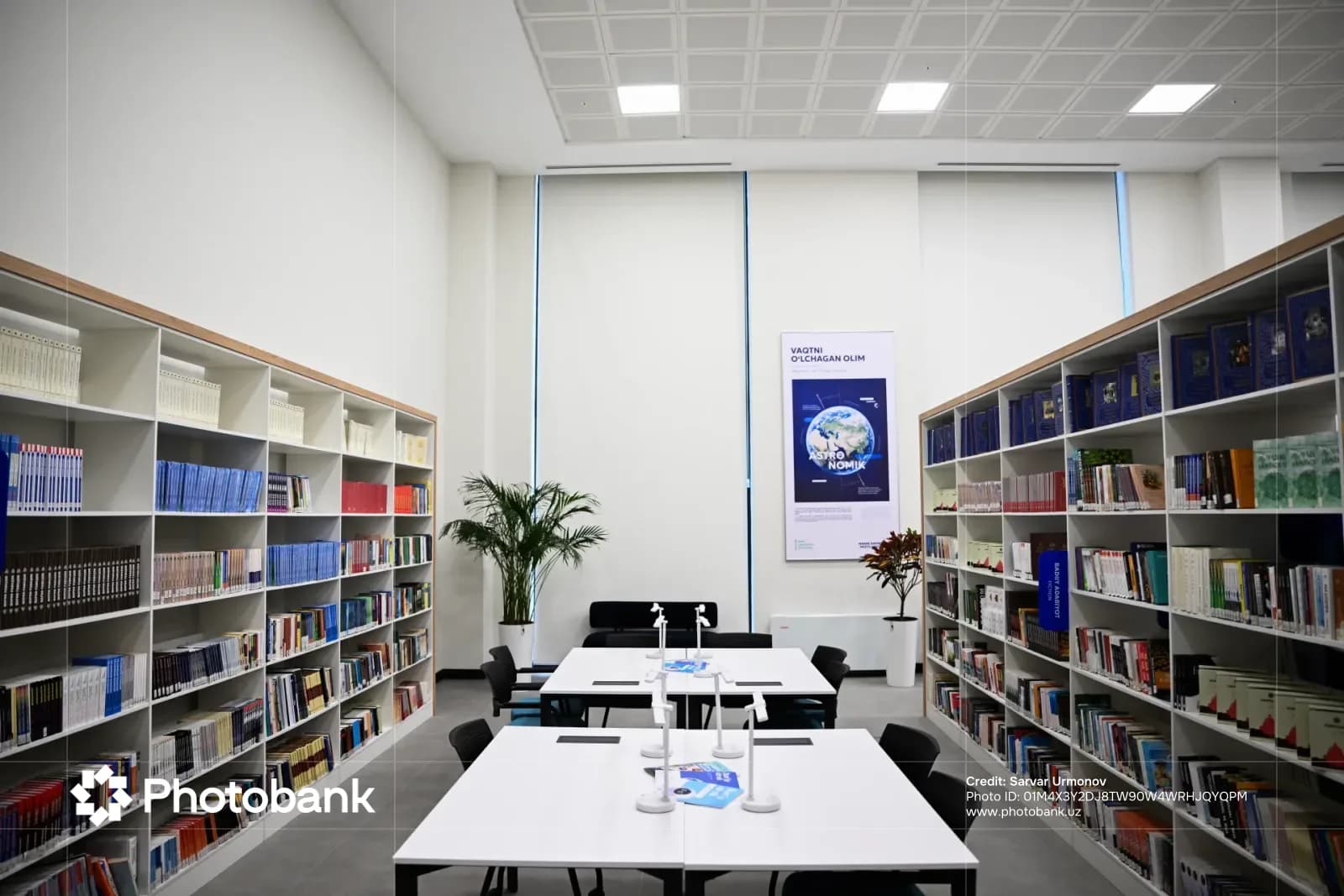 Modern library interior with bookshelves and reading desks
