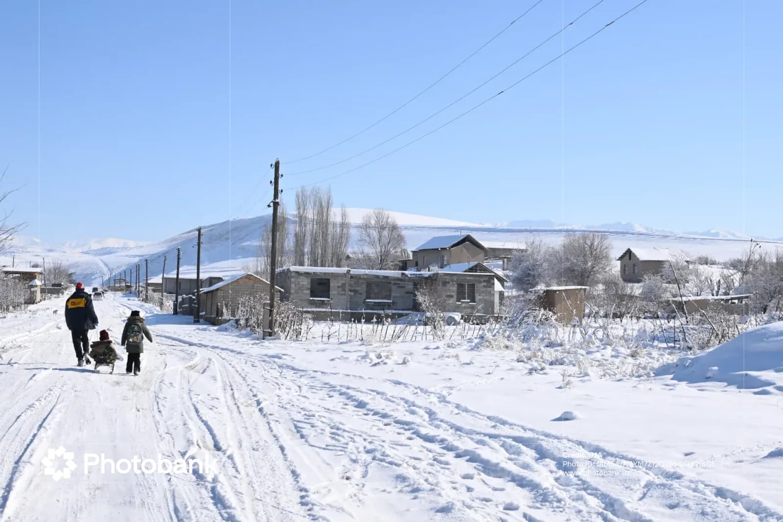 Люди, идущие по заснеженной сельской дороге