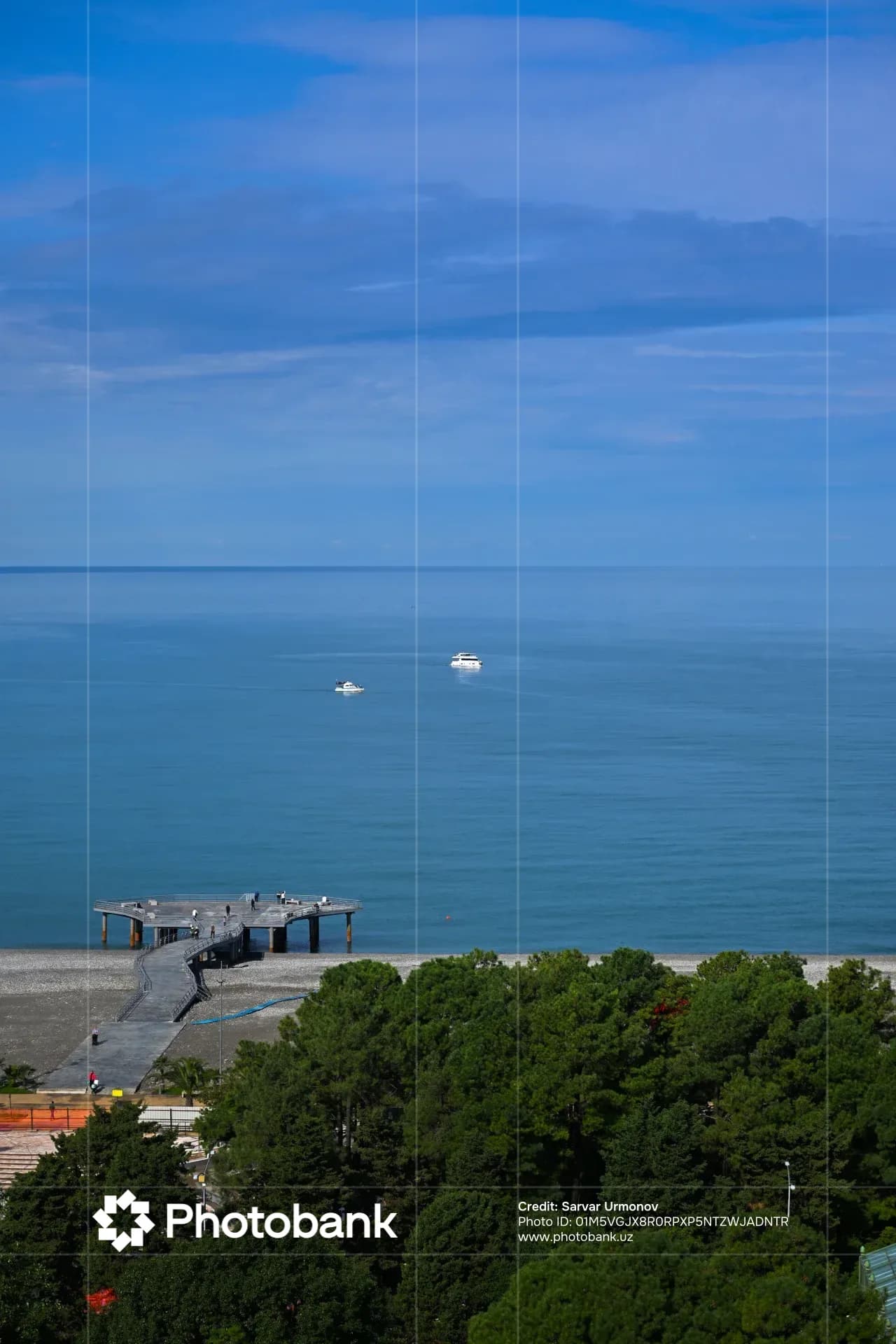 Elevated view of a coastal pier and boats on open water