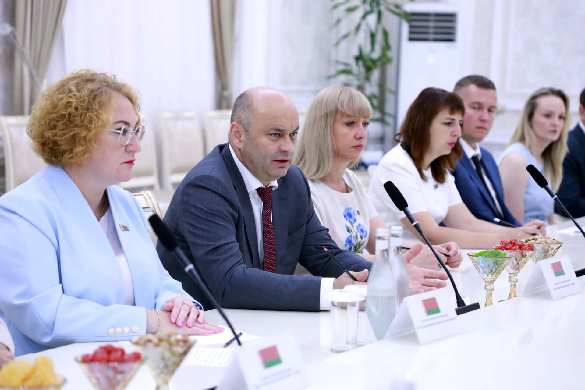 Члены делегации, участвующие в совещании за длинным столом