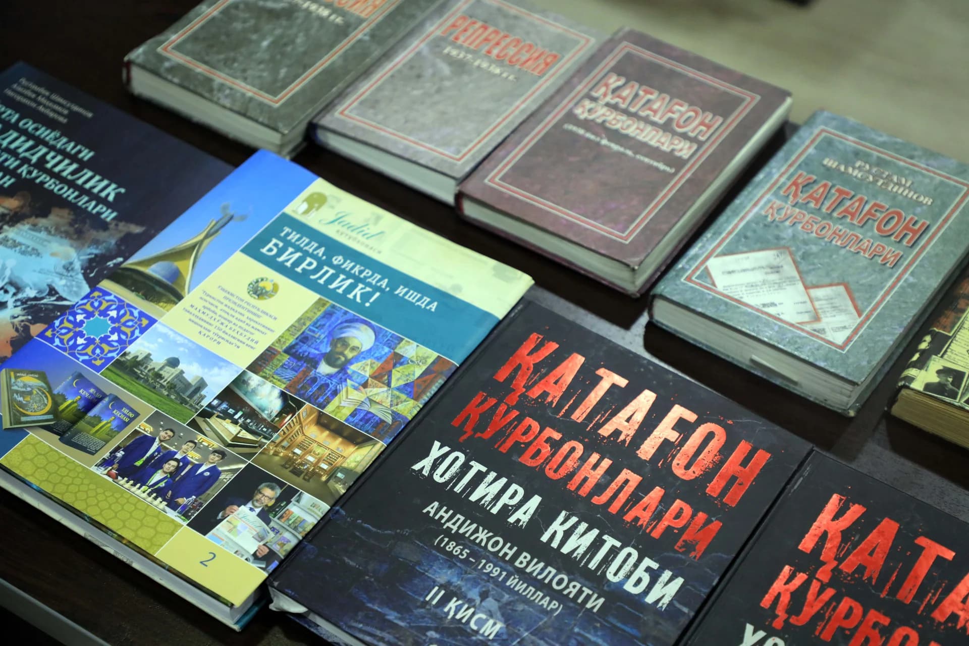 Collection of books with Cyrillic titles arranged on a flat surface