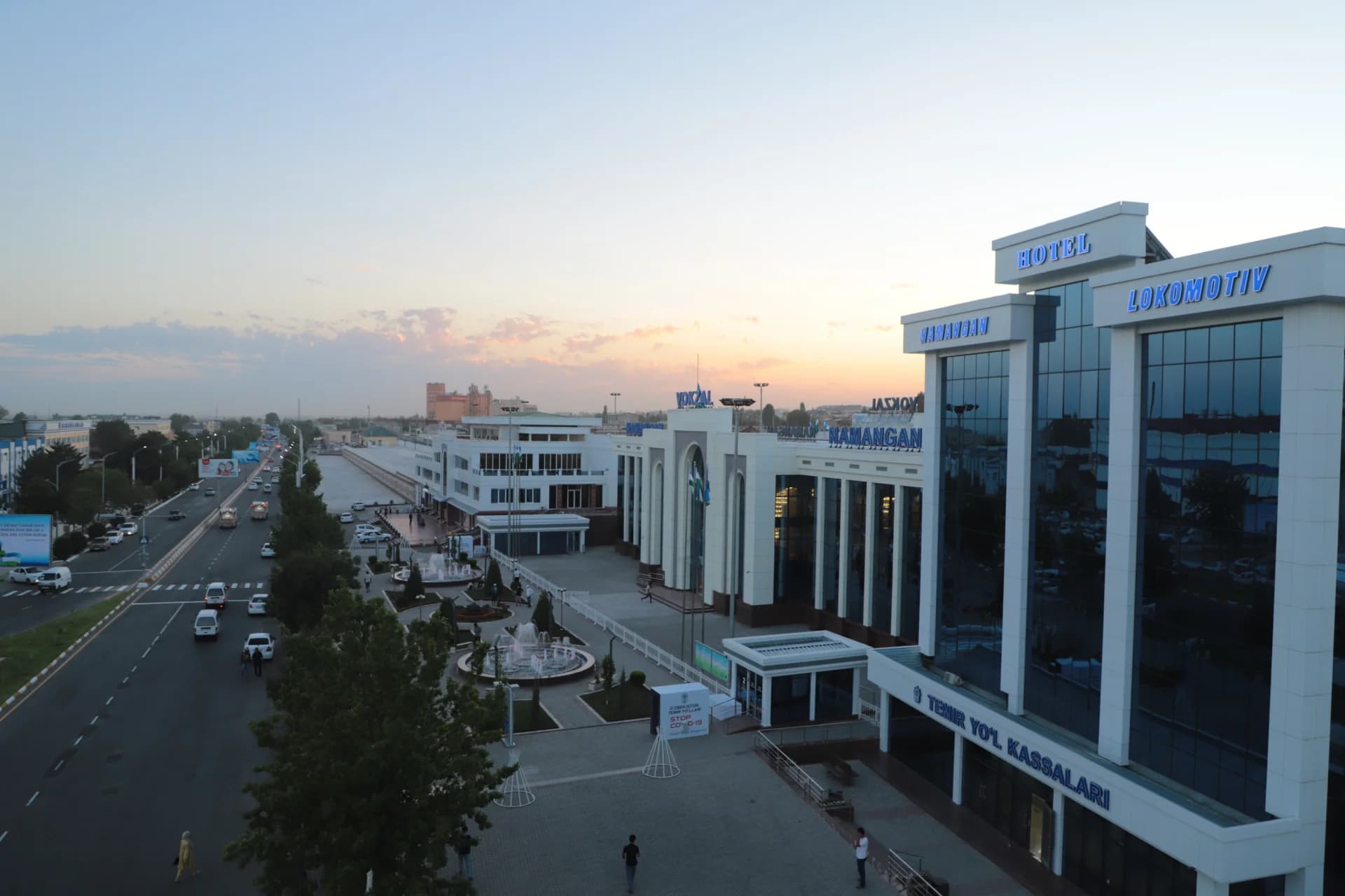 Exterior view of modern buildings and street with traffic