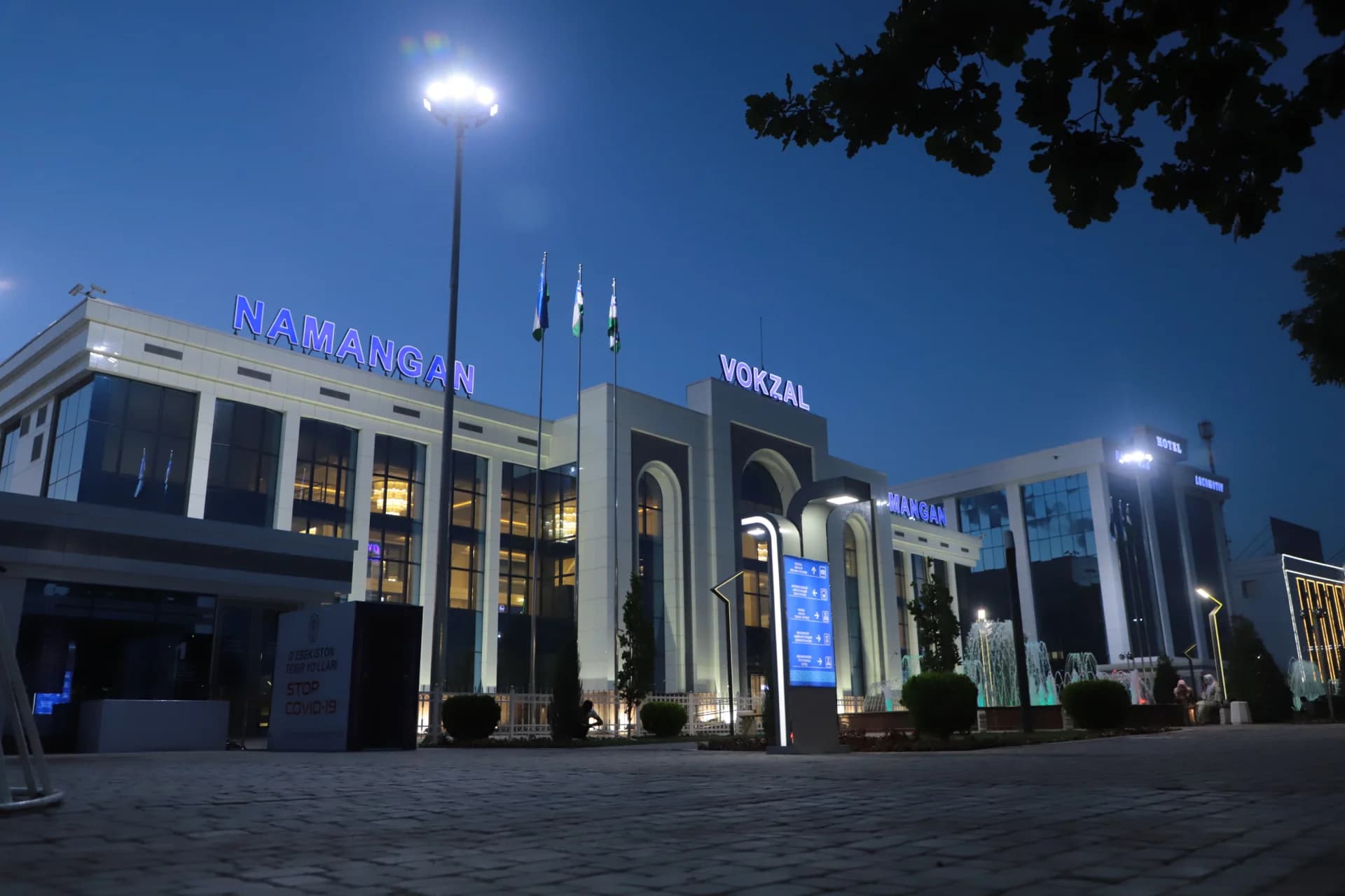 Exterior view of Namangan Vokzal building at night