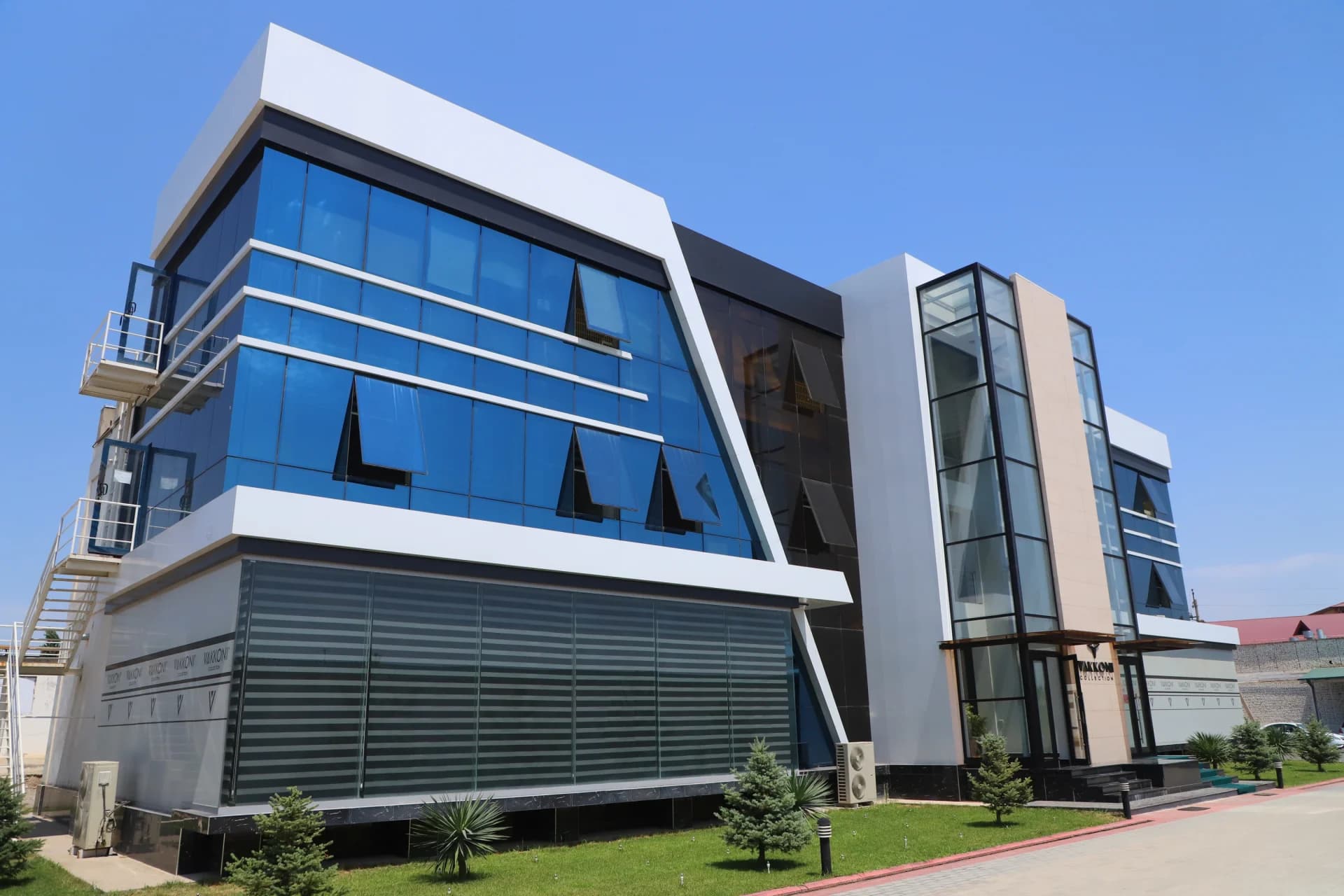 Modern office building with blue glass facade