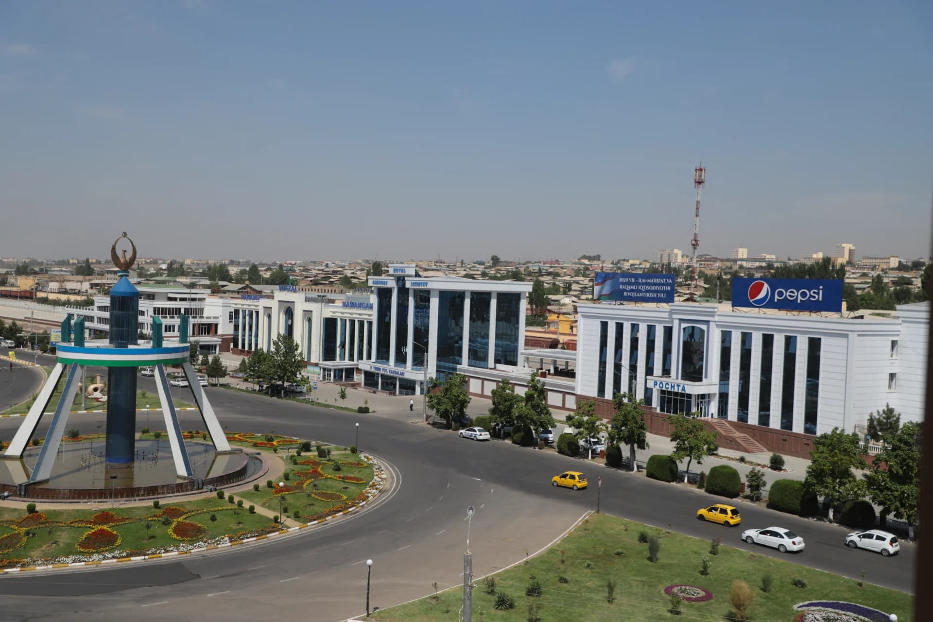 High-angle view of an urban square and modern buildings