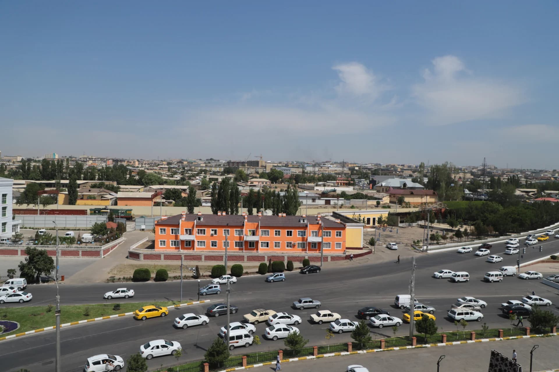 High-angle view of a city street and buildings