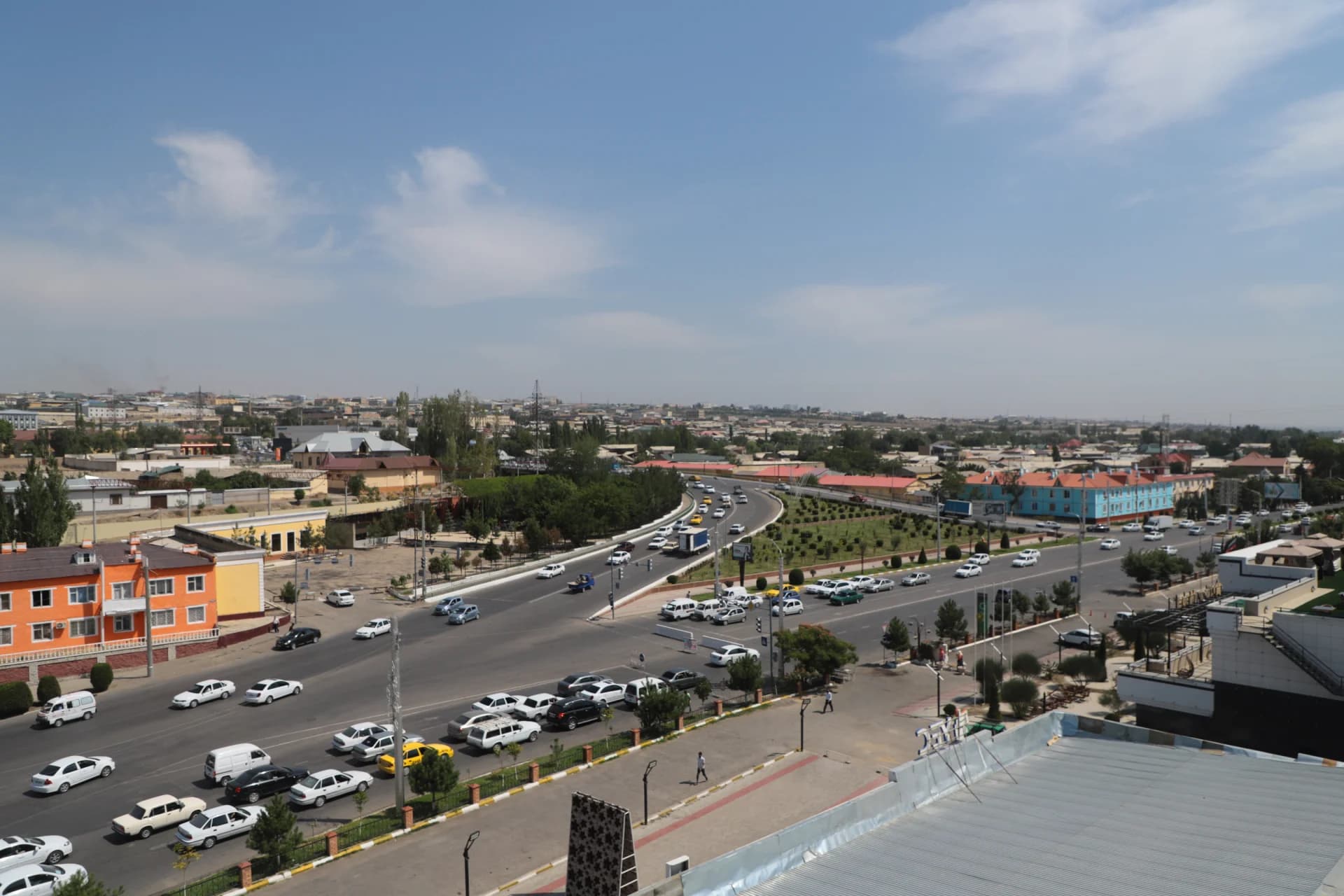 High-angle view of urban traffic and multi-lane roads