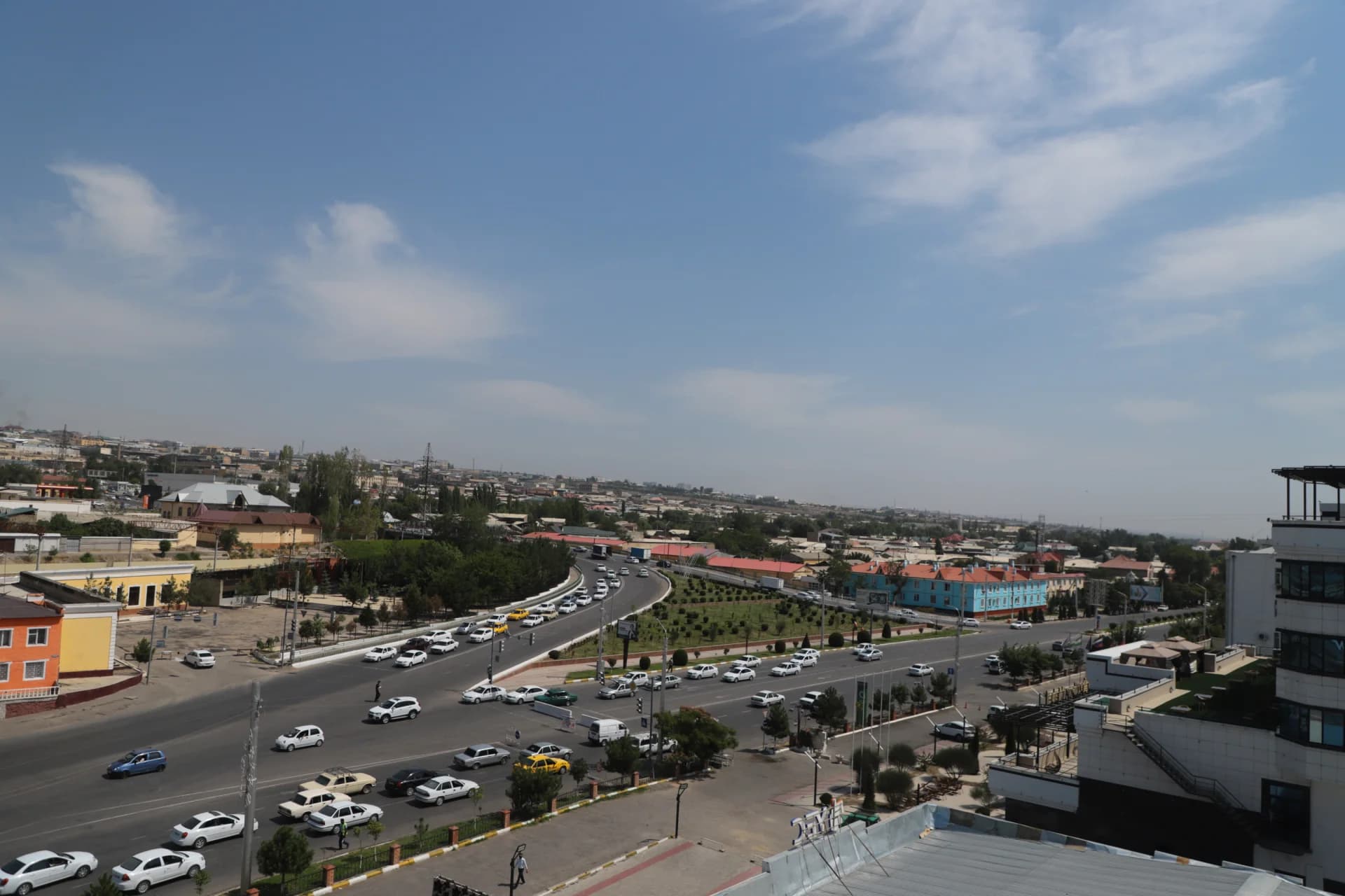 High-angle view of city traffic and streets
